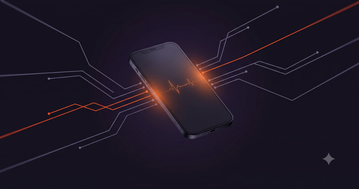 Ilustração de smartphone corporativo com cinco linhas de sinal convergindo para a tela, representando os cinco vetores de vazamento de dados móveis.